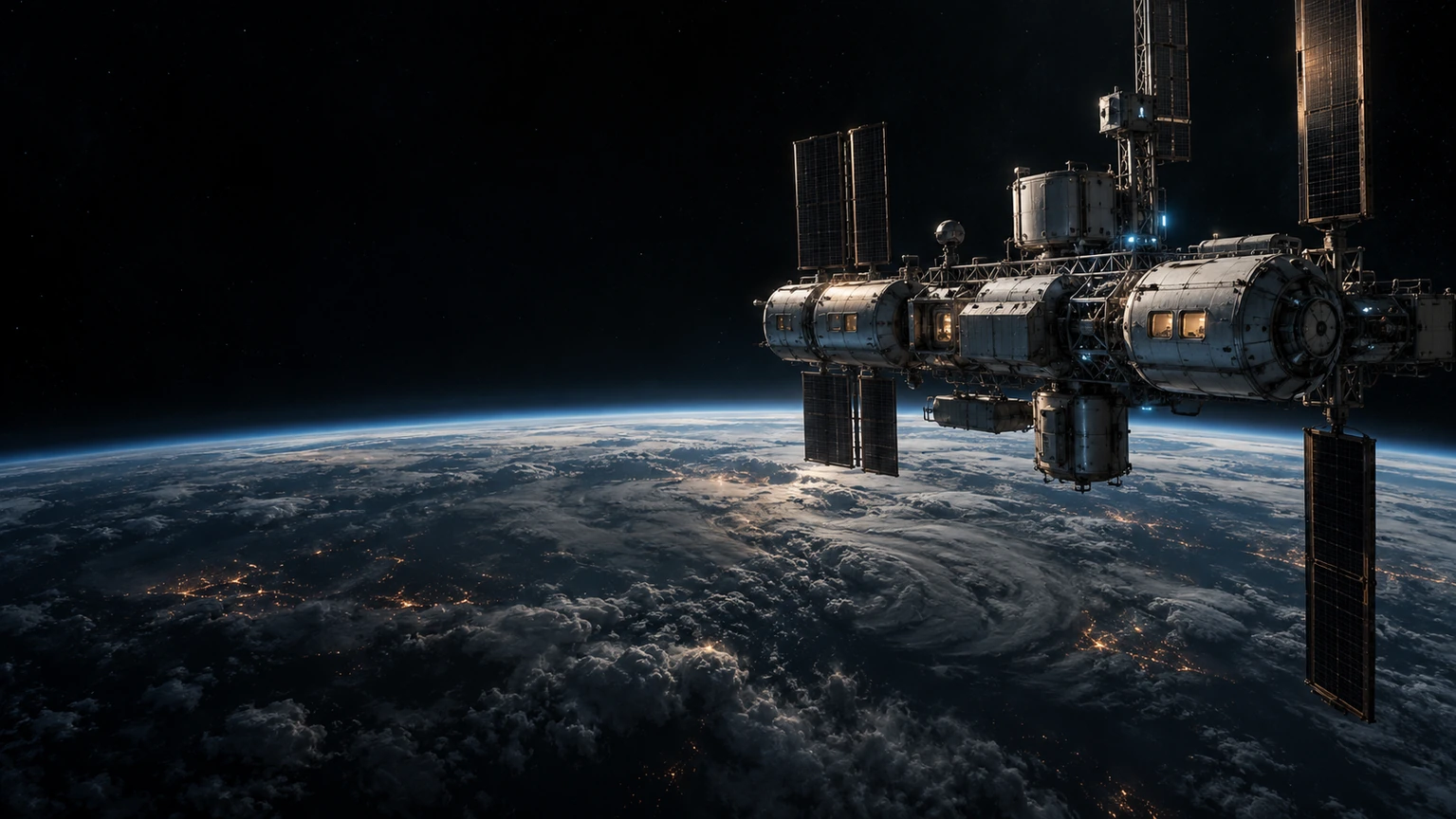 Generated concept art: A proposed Human-built Project Lazarus orbital satellite above storm-clouded Earth. The orbital origin is established; the satellite architecture is a visual proposal.