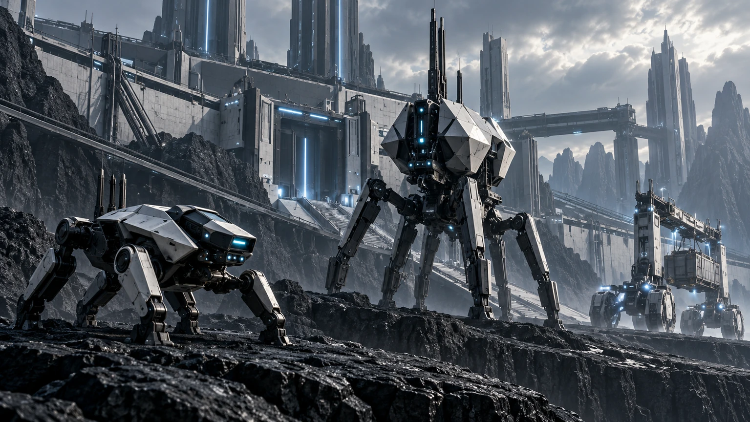 Generated concept art: Independent Caretaker machines have geometric metal and ceramic bodies, engineered joints and hard-edged infrastructure. No flesh, fur, bark or native anatomy forms their baseline.