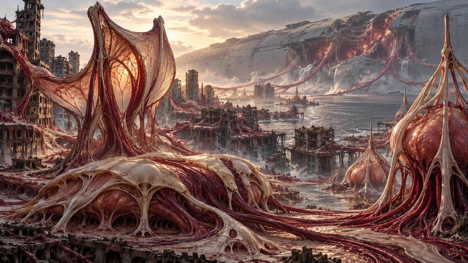 Generated concept art: Alien vascular flesh, membranes and contractile forms occupy an infestation zone, with spreading organic channels leading back to breached containment in the crashed city-sized mothership.