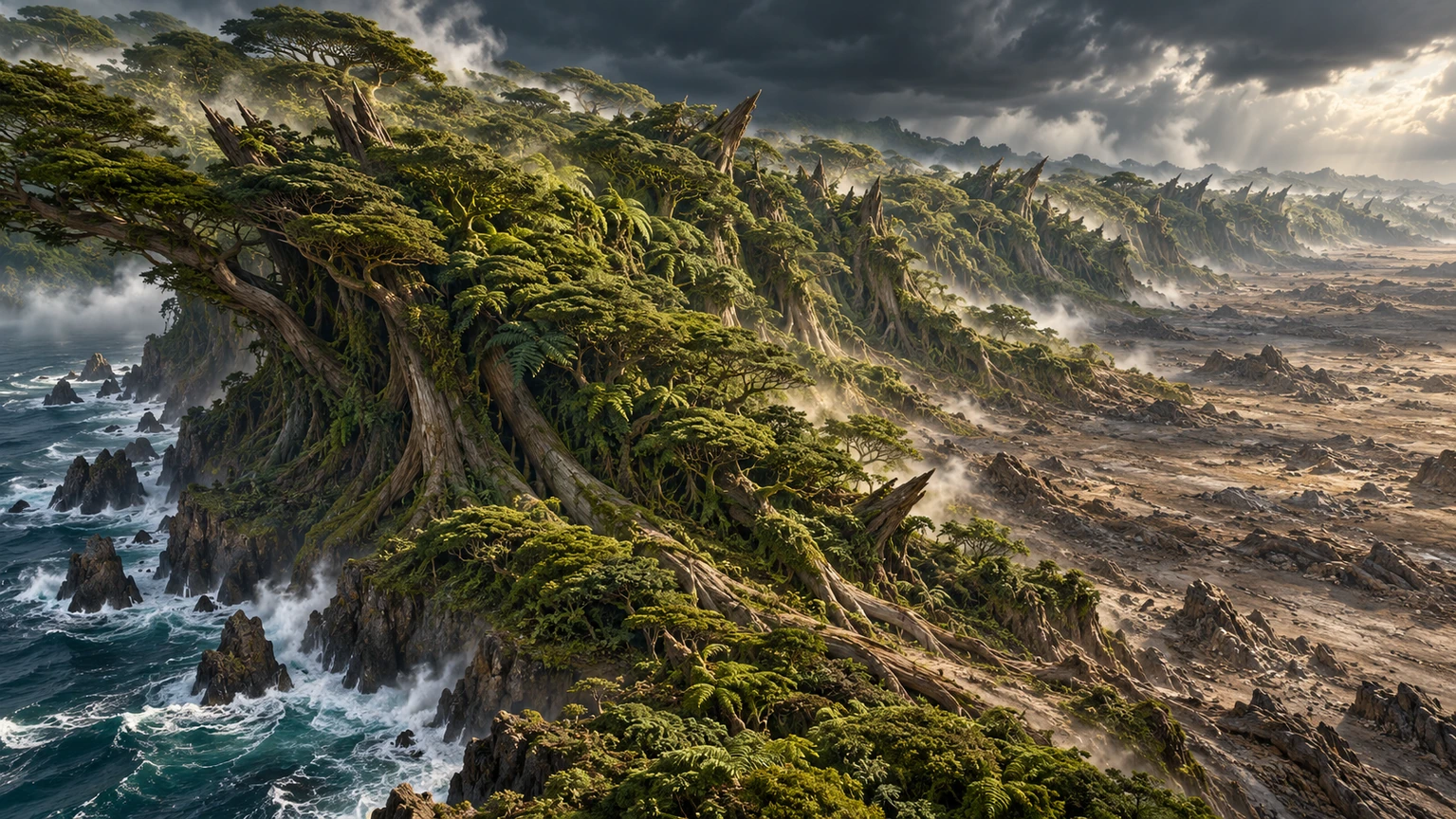 Generated concept art: Gaia’s living Earth response takes the form of immense woody roots, bark buttresses and layered canopy advancing across scarred ground. The organic Earth materials remain distinct from alien flesh and manufactured Machines; awareness remains mysterious.
