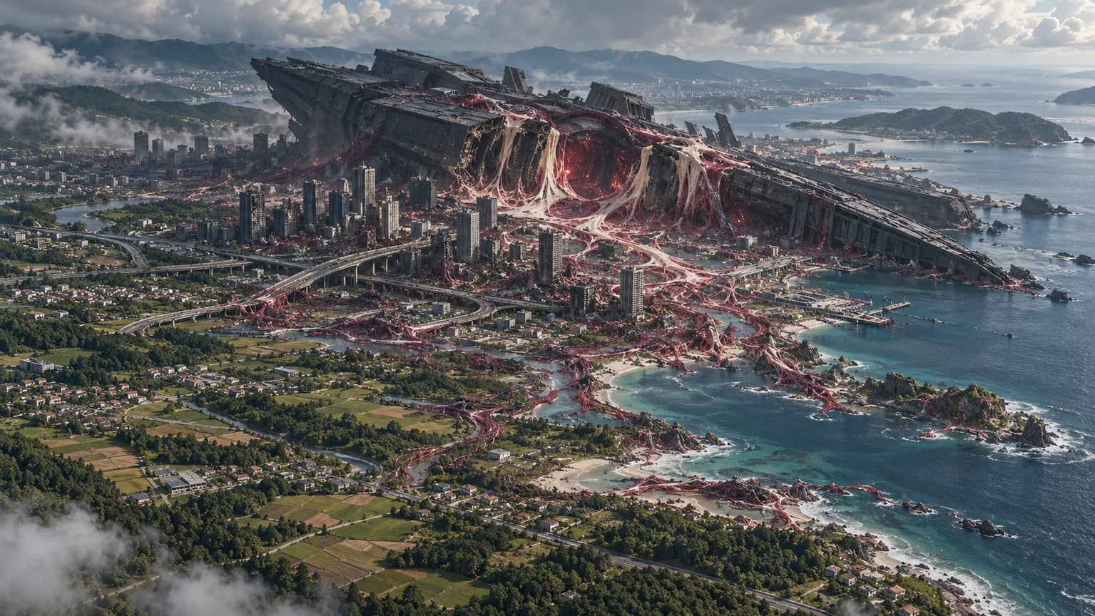 Generated SeedFall concept art of a city-sized prison transport dwarfing ruined districts, roads and people, with Corruption visibly spreading outward from breached containment.