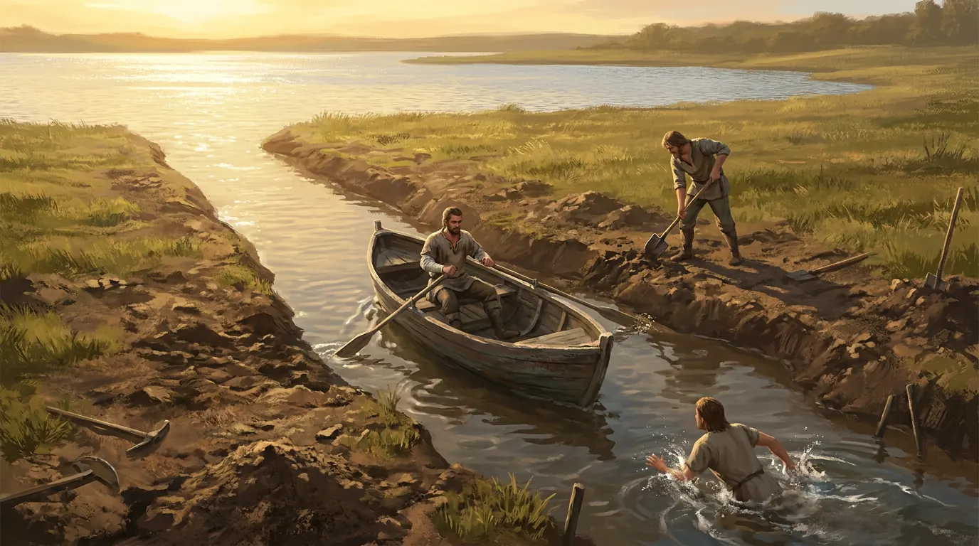 Painted concept: one person rows a wooden boat along a freshly dug canal into a lake, another digs the bank, a third swims beside the boat.