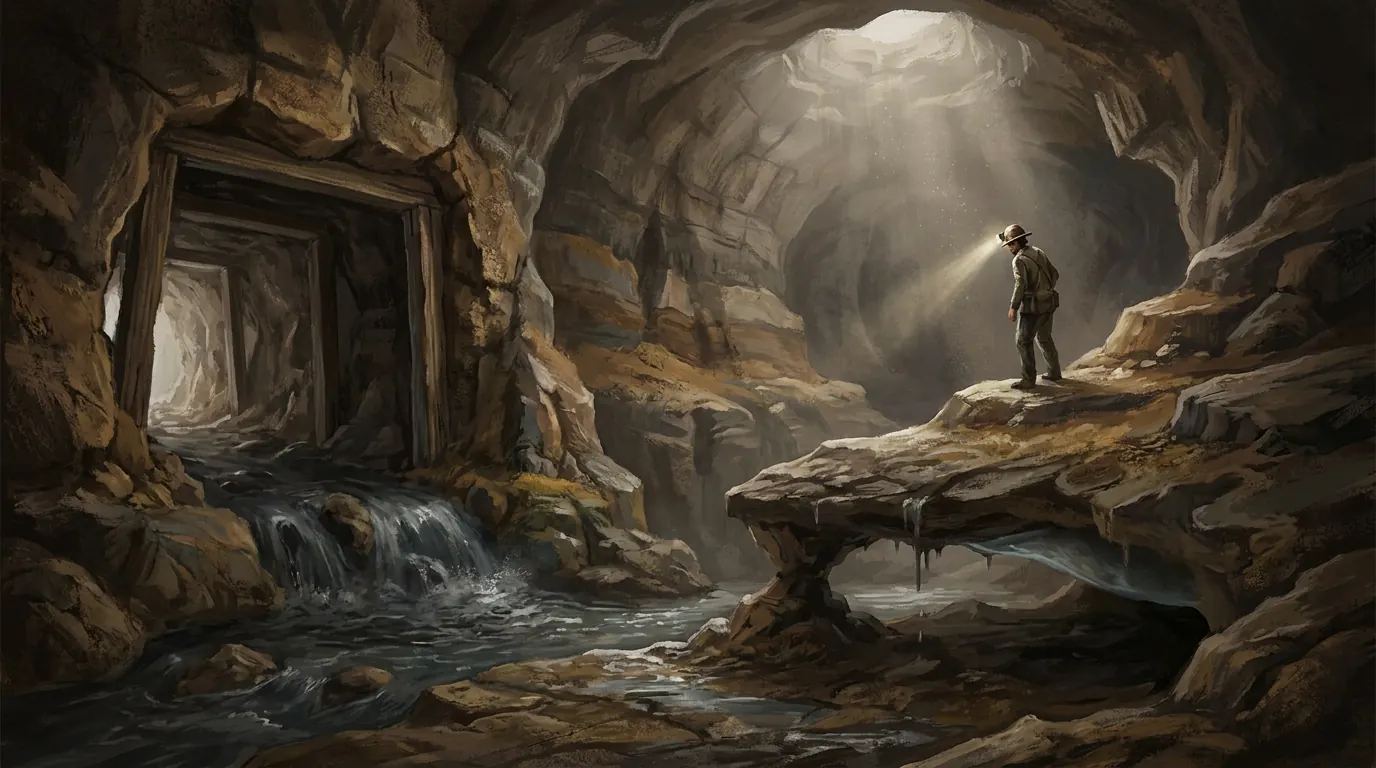Painted concept: a hand-dug tunnel breaks into a cave and groundwater pours in, pooling below a ledge where a miner with a headlamp stands.