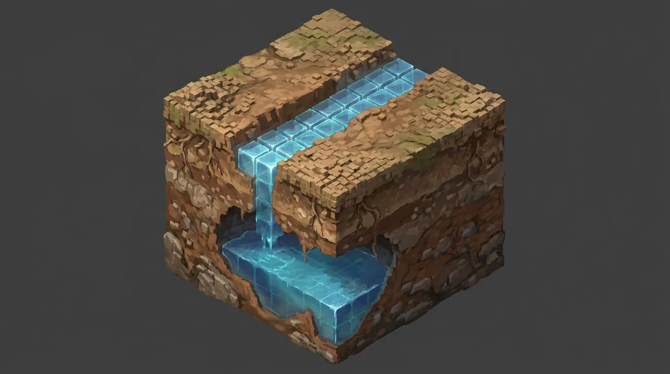 Painted concept: a cube cut from the ground shows a trench of glowing water cells draining into a pocket underground.