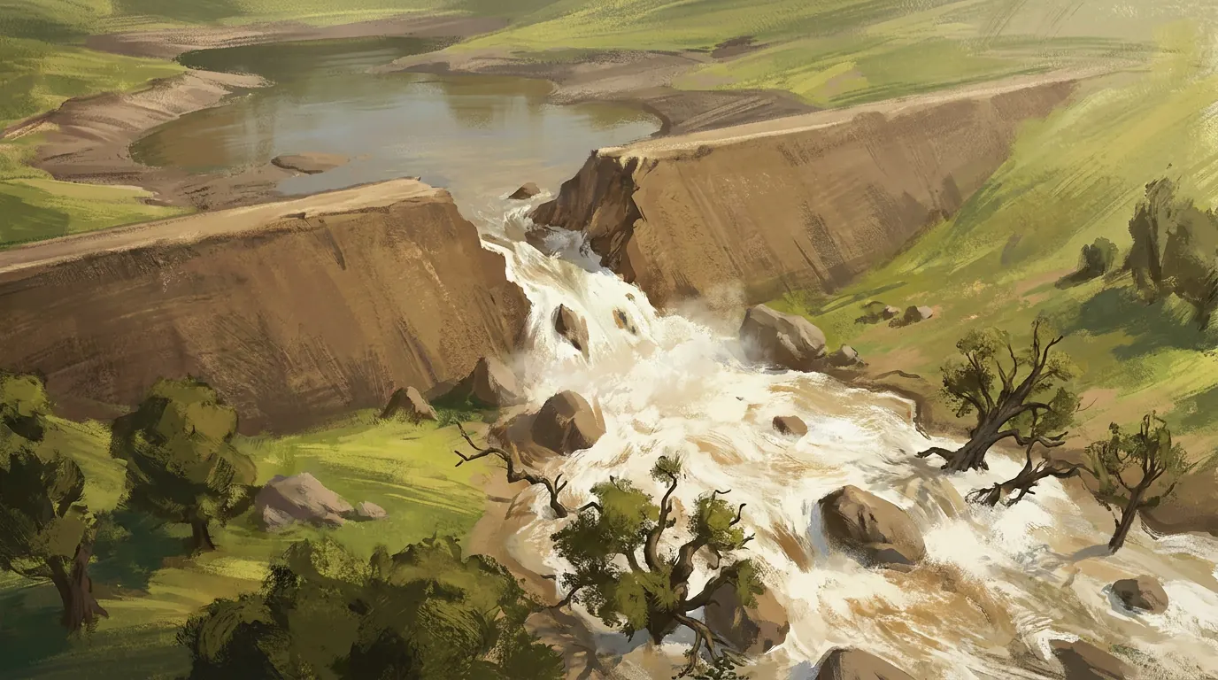 Painted concept: a muddy surge bursts through a breached earth dam and floods a valley around trees and boulders.