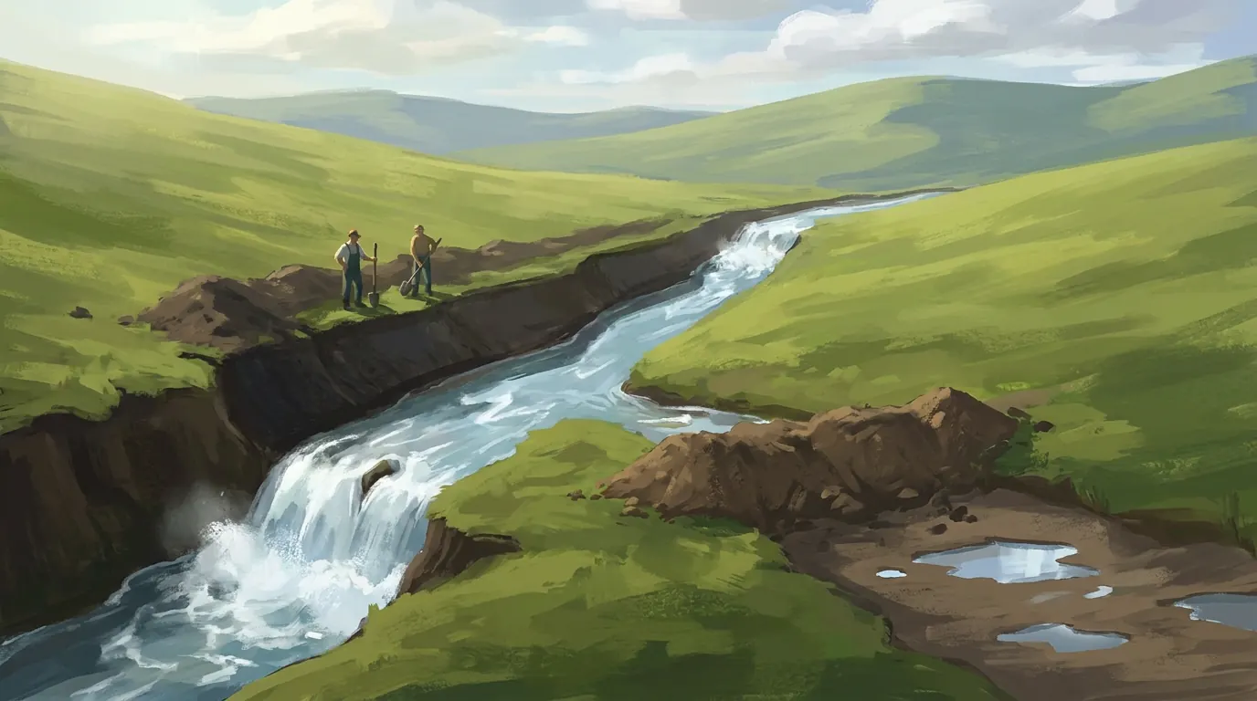 Painted concept: two people with shovels have cut a channel across a green hillside, and a creek now pours into it while the old bed behind a dam of dug earth drains to puddles.