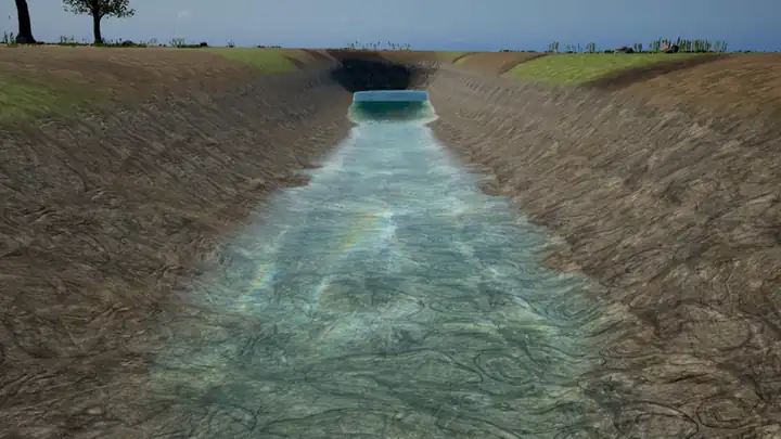 Moving capture at player height: a creek flows away from the camera down a dug channel, its surface rippling with the flow.