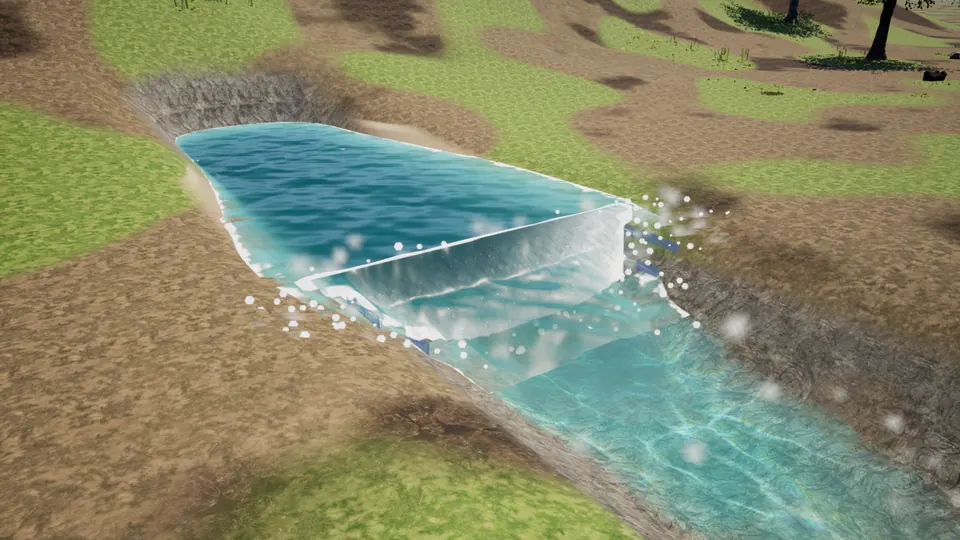 A test dam one second after it was removed: a white falling sheet of water and spray drops into the channel below.