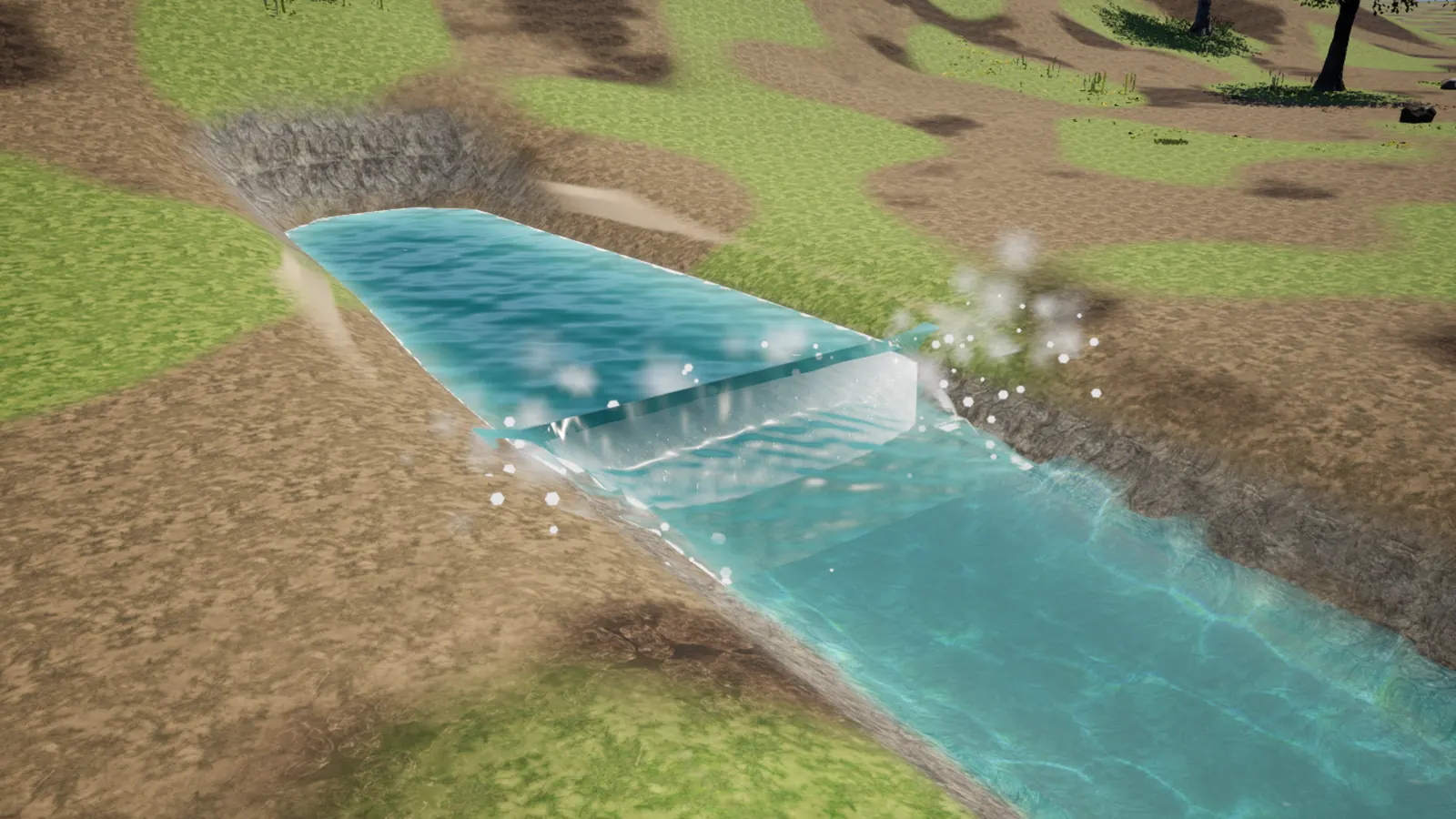 A test dam break in Unreal Engine: the reservoir pours out where the dam stood and down a dug channel.