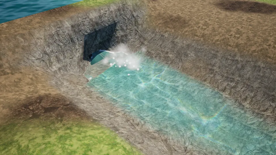 A single hole dug through the base of an earth dam, with water jetting through it into a channel.
