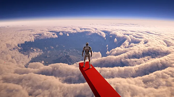 A figure on a red beam above a swirling ring of clouds, seen from high altitude.