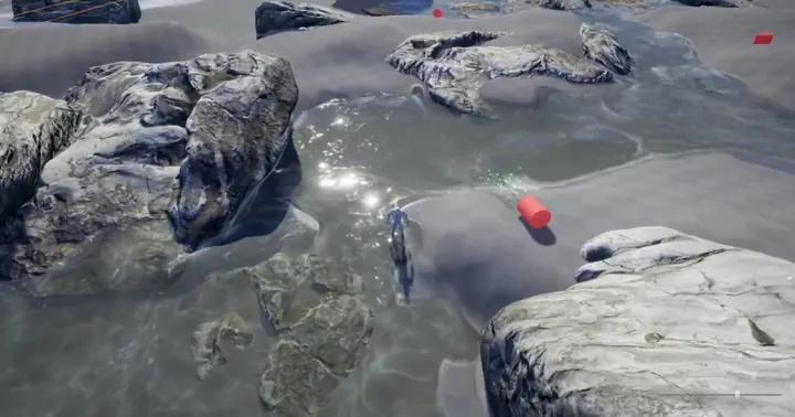 Shallow water spreading over a rocky landscape and filling the gaps between boulders.