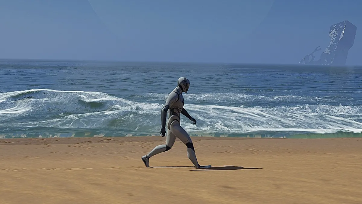 Waves breaking on a sandy beach while a mannequin walks along the shore, rendered with FluidNinja LIVE-2.