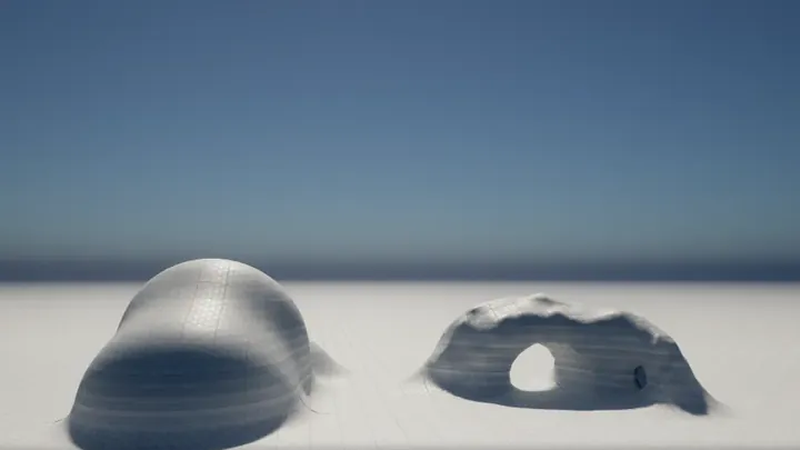 Voxel Plugin example shapes: a dome and a rock arch with a hole right through it.