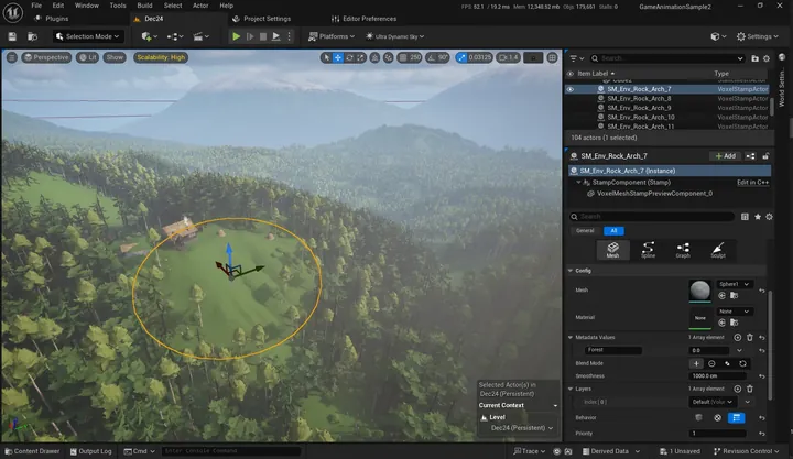 The Unreal editor with a Voxel Plugin stamp selected over a forest, and the stamp types Mesh, Spline, Graph and Sculpt in the details panel.