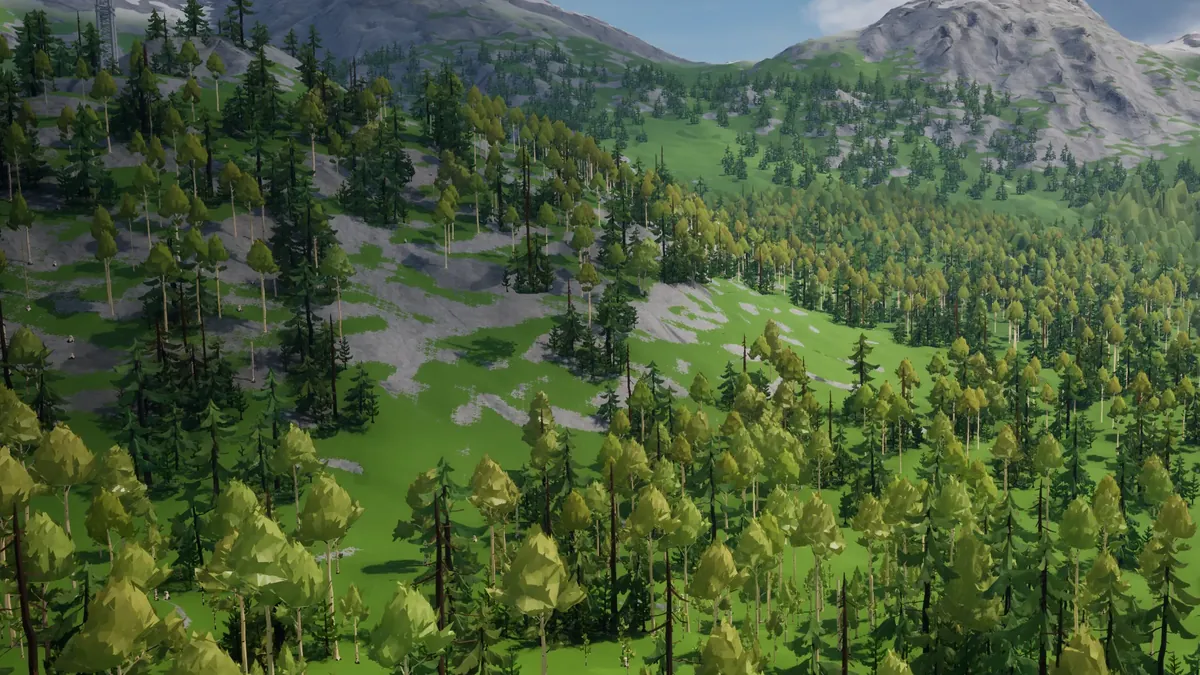 A forested mountain landscape built with Voxel Plugin 2, seen in the Unreal editor viewport.