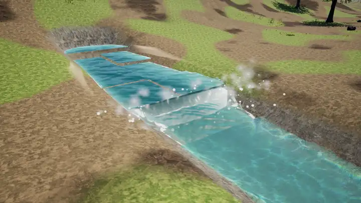 Moving capture: with the test dam removed, the reservoir pours into a dug channel and the white falling sheet fades away.