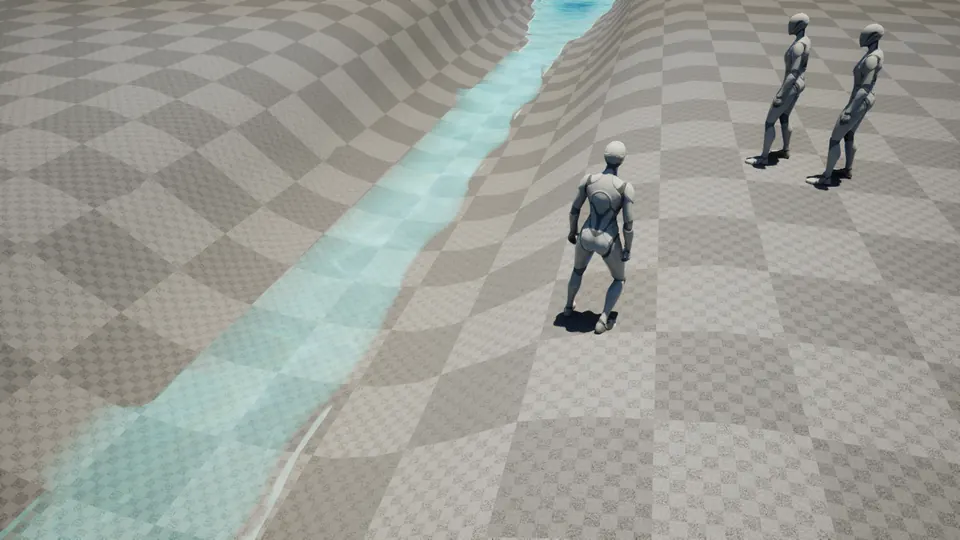 Host view: a creek running down a grey chequered test slope, with player mannequins standing beside it.