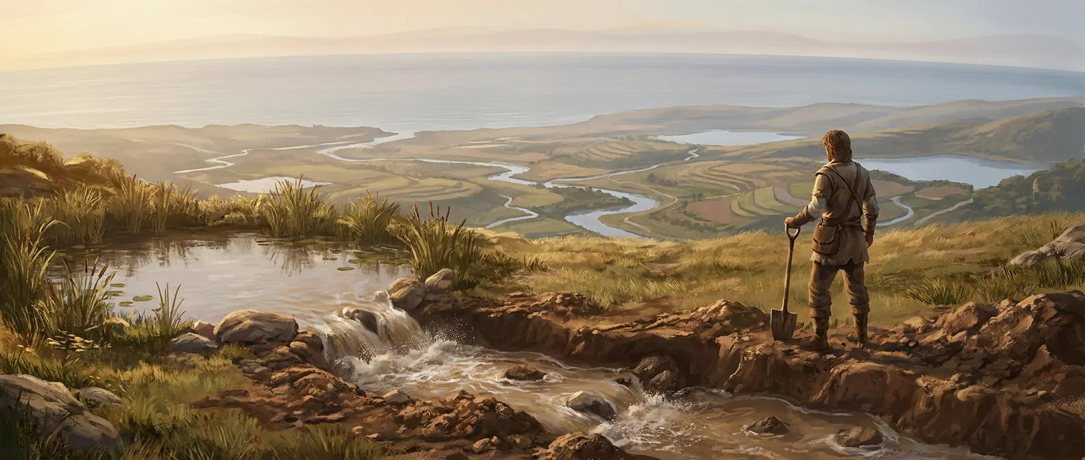 Painted concept: a player with a shovel has dug a trench through the bank of a hillside pond, and the water spills out and tumbles down it, while valleys, winding rivers and lakes stretch away to the sea at a curved horizon.