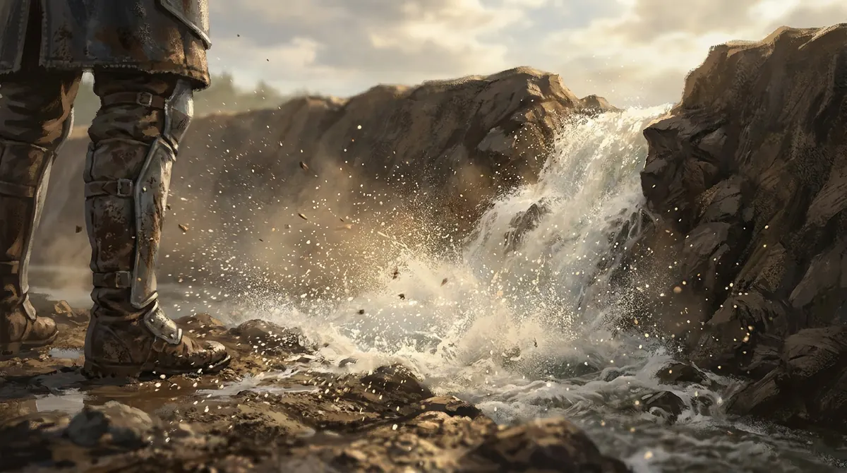Painted concept at ground level: water bursts through a breach in an earth dam as a spray of droplets and sheets beside a player's boots.