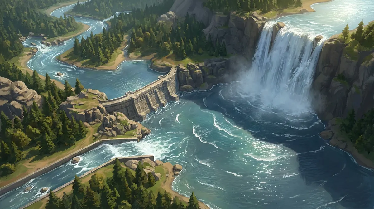 Painted concept from about 500 m up: a river valley with a dam, a reservoir, a waterfall into a lake and a channel diverting part of the river.