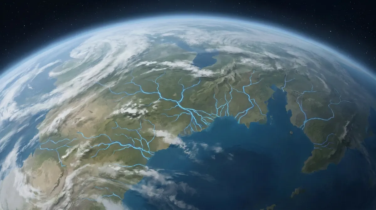 Painted concept from near orbit: a fictional world with river networks draining across continents into a deep blue ocean under bands of cloud.