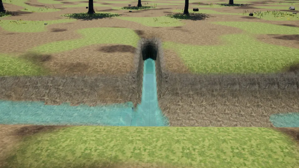 A trench dug off a running creek fills with water, taking most of the stream from the creek below it.