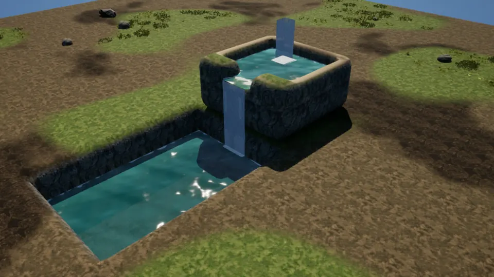 A raised stone pool spills a thin waterfall into a lower pool; each pool holds its own level.