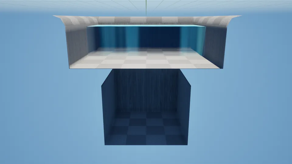 Cutaway of a test level: a lake sits in a basin on rock, above an empty, sealed cave.