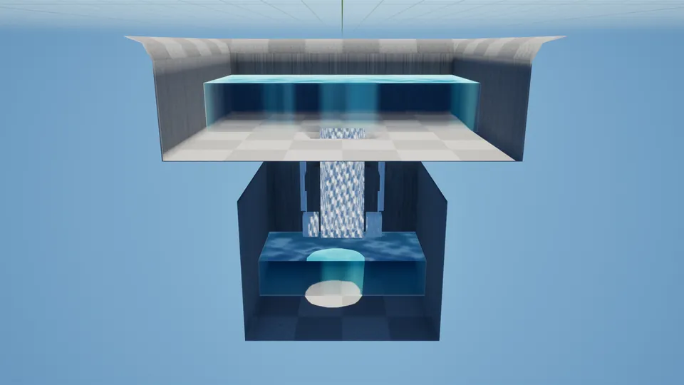 The same cutaway after a vent is dug through the cave roof: a column of water pours from the lake into the cave and a pool forms on the cave floor.