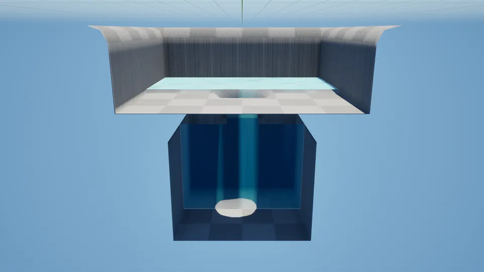 The same cutaway a few seconds later: the cave below is full of water and the lake basin above is nearly empty.