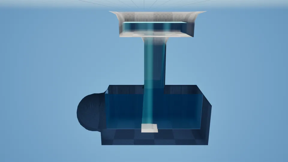 Cutaway of a test level: a pond feeds a shaft down into a flooded chamber, and a newly dug round cavity on the chamber's left side is still full of air.