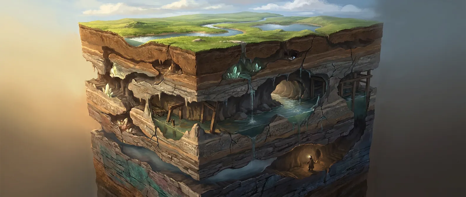 Painted concept: a block of world cut away like a slice of cake, with rivers and a lake on top and caves, a flooded mine tunnel, an underground river and a lamp-lit dry cave with a miner in the rock below.