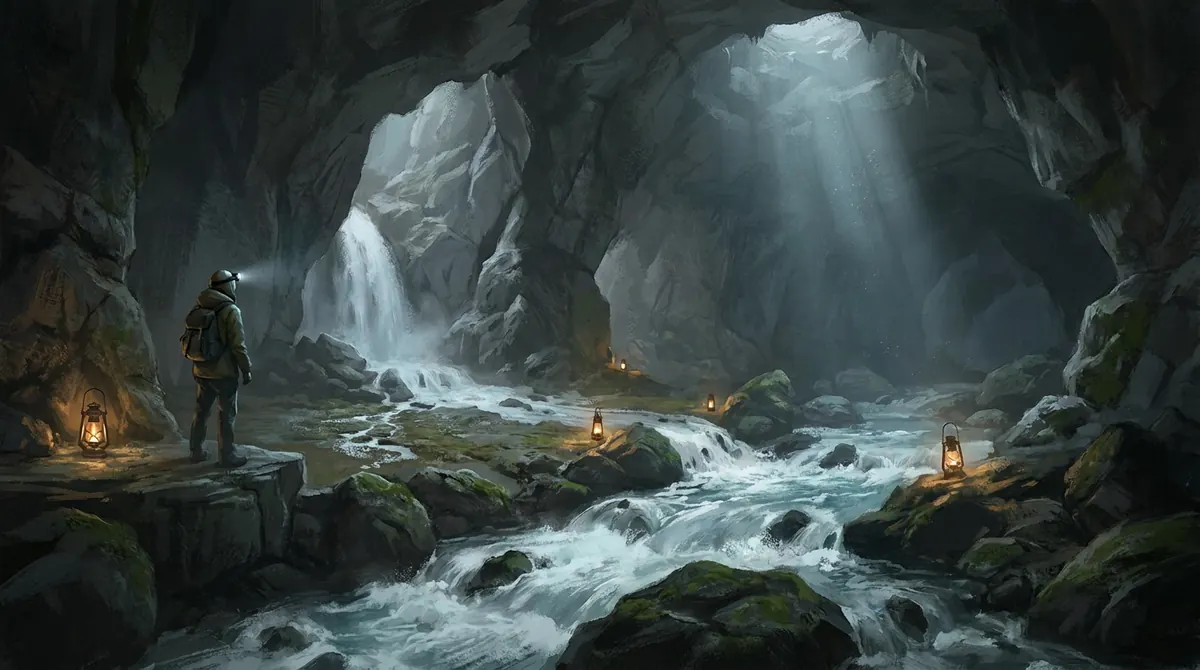 Painted concept: an underground river rushes through a vast cavern lit by lanterns and a shaft of daylight, with a player in a headlamp on a ledge.