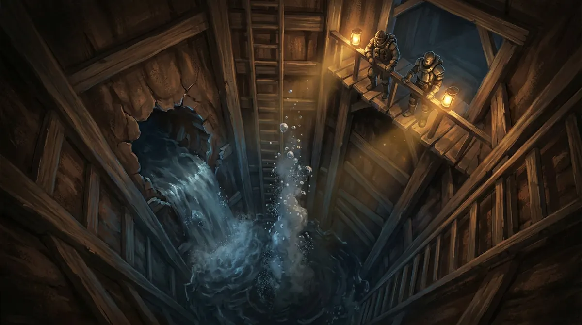 Painted concept: looking down a timbered mine shaft as water breaks in from a side tunnel and rises, with air bubbling up, while two players with lamps watch from a platform.