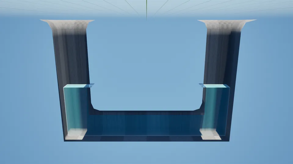 The same U-shaped tunnel after the water settles: both shafts hold water at the same level.