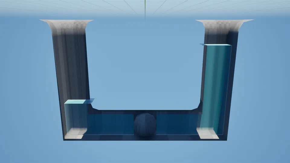 Cutaway of a U-shaped tunnel: the water stands high in the right-hand shaft and low in the left, with a round rock plug in the bend between them.
